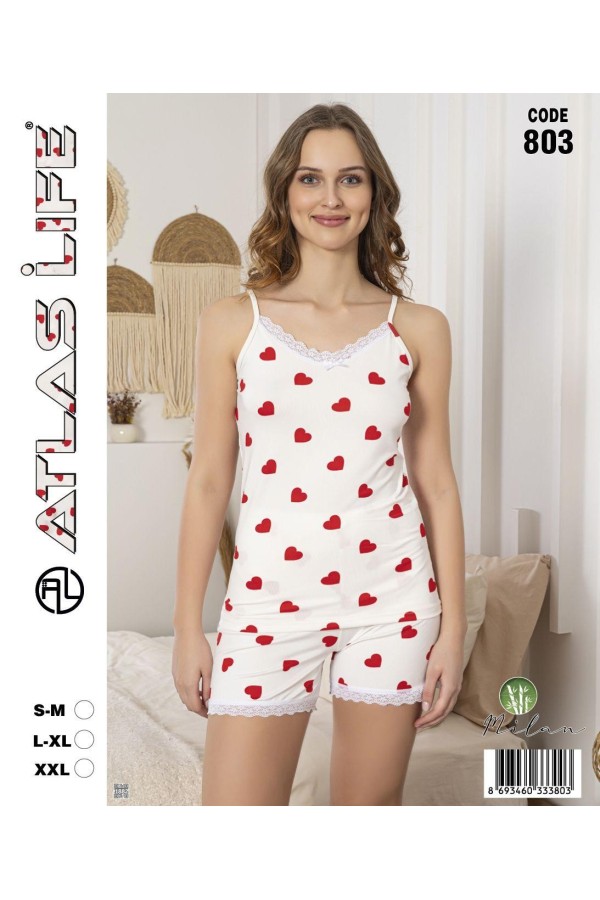 Toptan Atlas Life Askılı Şortlu Pijama Takımı Beyaz Büyük Kalp Desenli