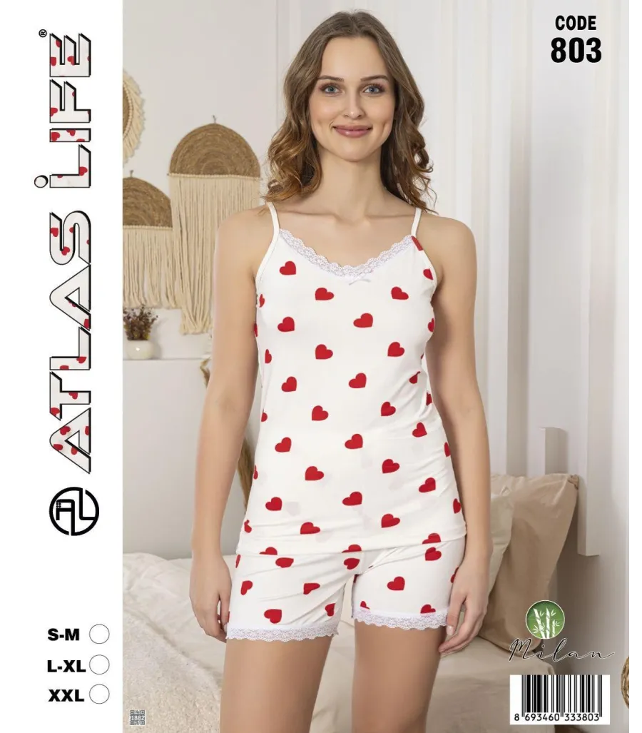 Toptan Atlas Life Askılı Şortlu Pijama Takımı Beyaz Büyük Kalp Desenli