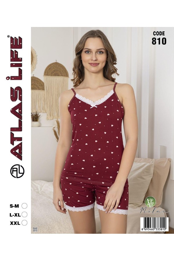 Toptan Atlas Life Askılı Şortlu Pijama Takımı Bordo Puantiyeli