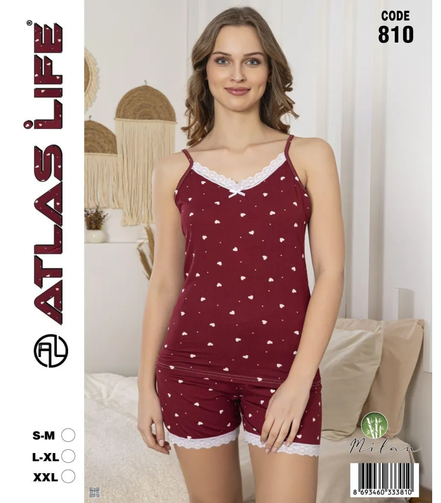Toptan Atlas Life Askılı Şortlu Pijama Takımı Bordo Puantiyeli