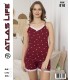 Toptan Atlas Life Askılı Şortlu Pijama Takımı Bordo Puantiyeli