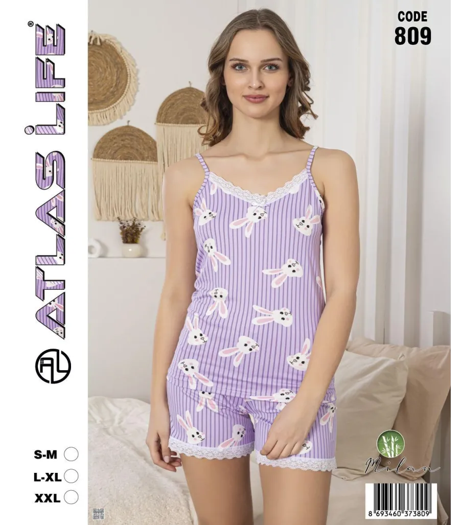 Toptan Atlas Life Askılı Şortlu Pijama Takımı Lila Çizgili Kelebek Desenli
