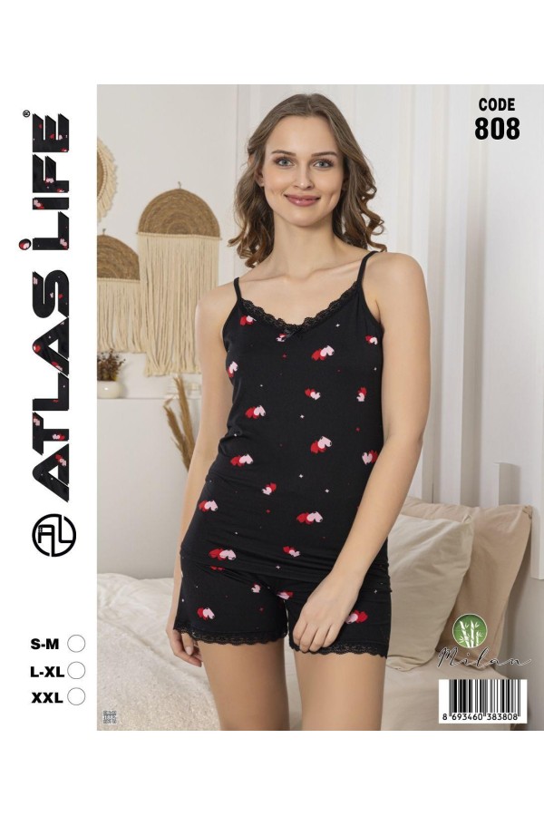 Toptan Atlas Life Askılı Şortlu Pijama Takımı Siyah Flamingo Desenli