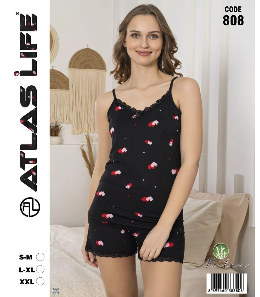 Toptan Atlas Life Askılı Şortlu Pijama Takımı Siyah Flamingo Desenli