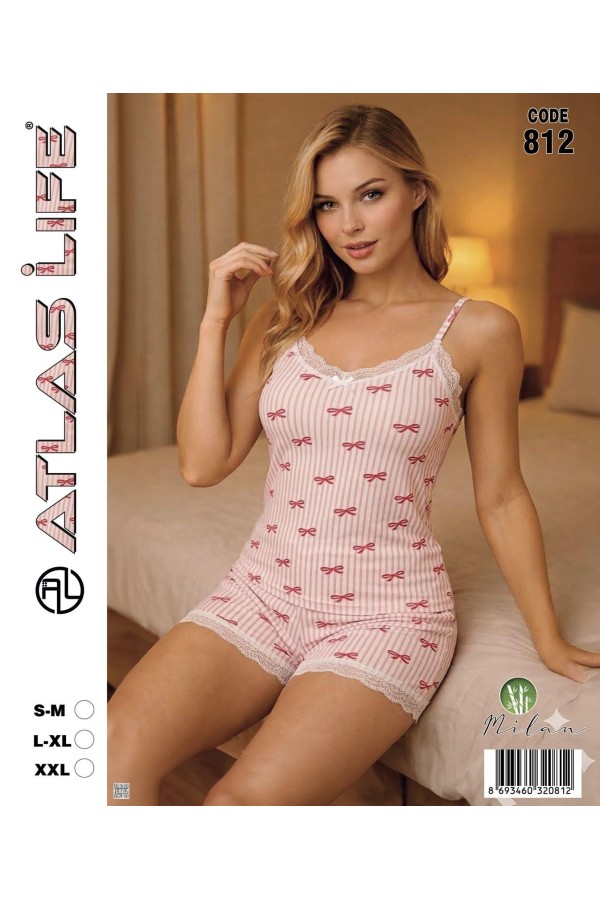 Toptan Atlas Life Askılı Şortlu Pijama Takımı Pudra Fiyonk Desenli