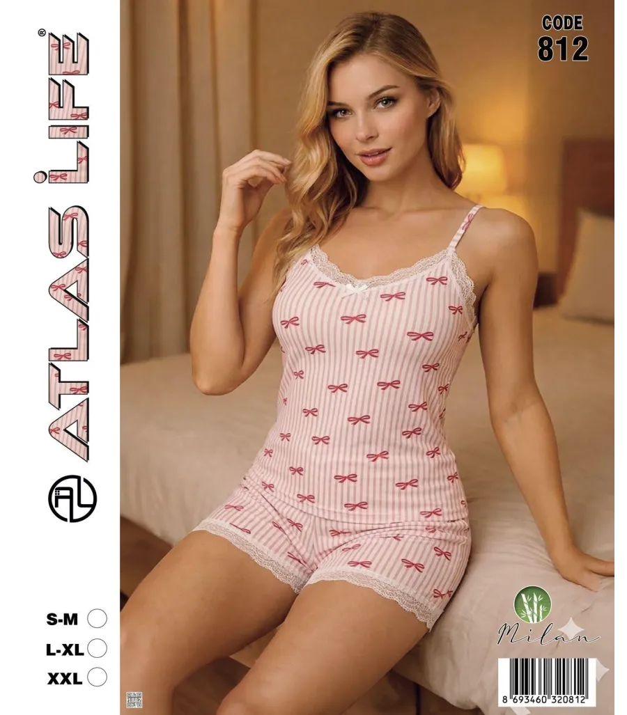 Toptan Atlas Life Askılı Şortlu Pijama Takımı Pudra Fiyonk Desenli