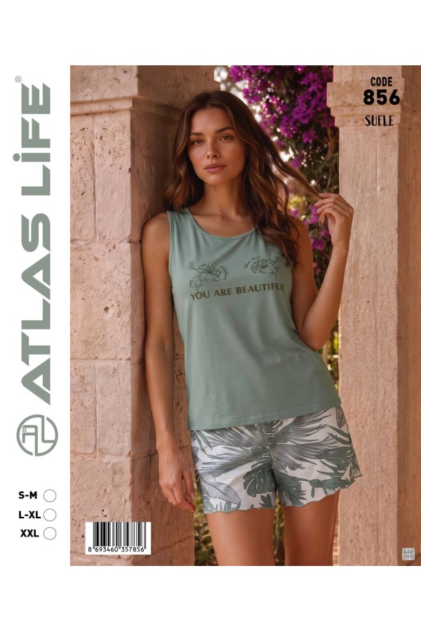 Toptan Atlas Life Süfle Baskılı Askılı Şortlu Pijama Takımı Yeşil 'You Are Beautiful' Baskılı Yaprak Desenli Şort