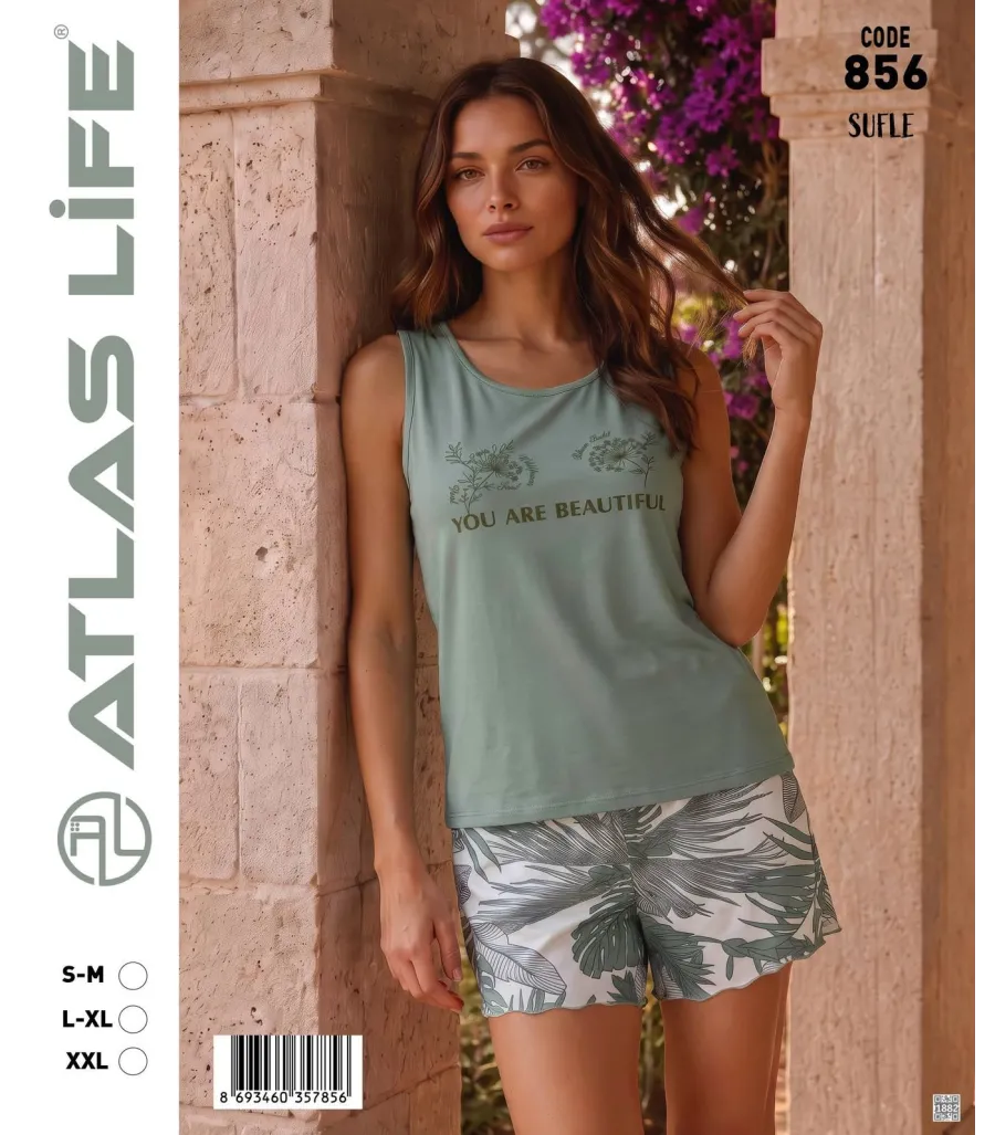 Toptan Atlas Life Süfle Baskılı Askılı Şortlu Pijama Takımı Yeşil 'You Are Beautiful' Baskılı Yaprak Desenli Şort