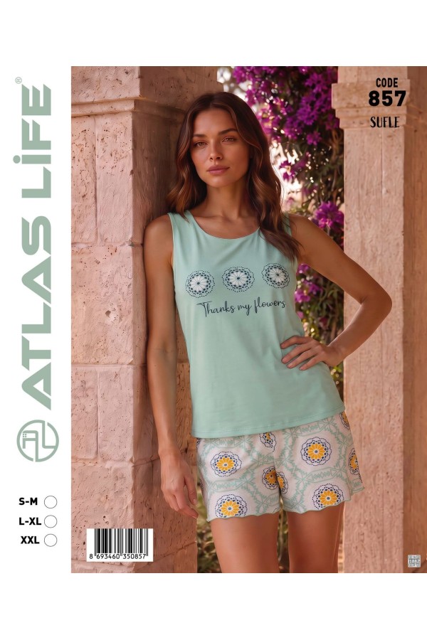 Toptan Atlas Life Süfle Baskılı Askılı Şortlu Pijama Takımı Mint 'Thanks My Flower' Çiçek Desenli Şort