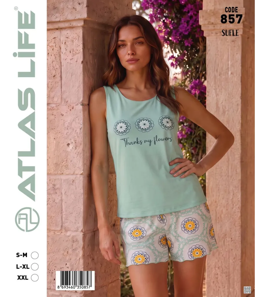 Toptan Atlas Life Süfle Baskılı Askılı Şortlu Pijama Takımı Mint 'Thanks My Flower' Çiçek Desenli Şort