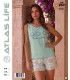 Toptan Atlas Life Süfle Baskılı Askılı Şortlu Pijama Takımı Mint 'Thanks My Flower' Çiçek Desenli Şort