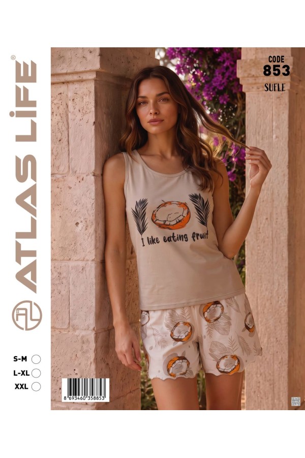 Toptan Atlas Life Süfle Baskılı Askılı Şortlu Pijama Takımı Bej 'I Like Eating Fruit' Meyve Desenli Şort
