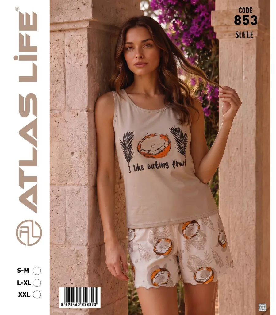 Toptan Atlas Life Süfle Baskılı Askılı Şortlu Pijama Takımı Bej 'I Like Eating Fruit' Meyve Desenli Şort