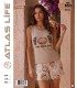 Toptan Atlas Life Süfle Baskılı Askılı Şortlu Pijama Takımı Bej 'I Like Eating Fruit' Meyve Desenli Şort