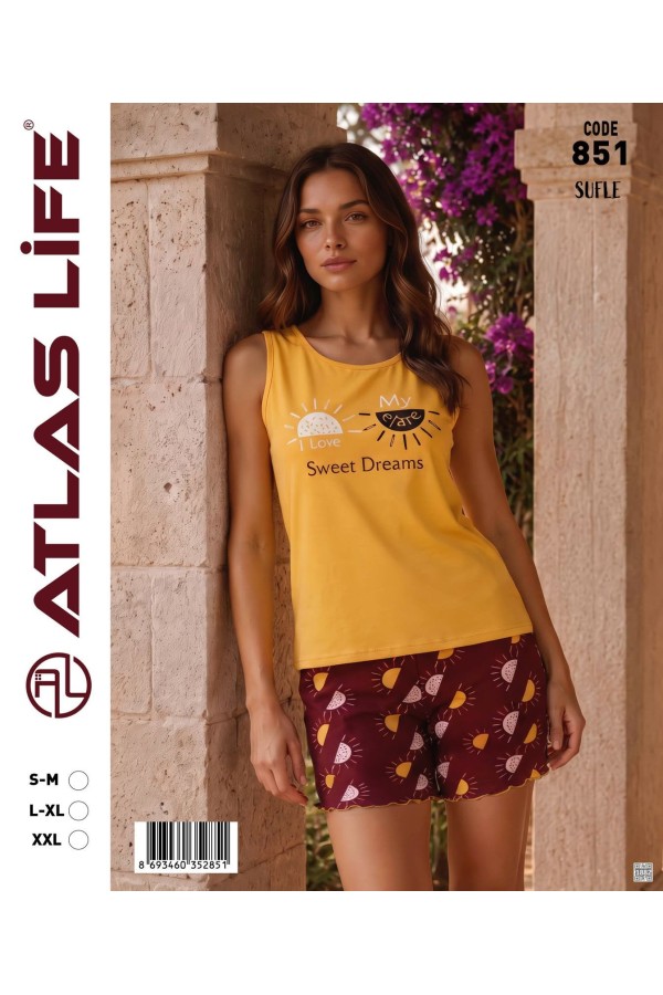 Toptan Atlas Life Süfle Baskılı Askılı Şortlu Pijama Takımı Sarı 'Sweet Dreams' Güneş Desenli Bordo Şort