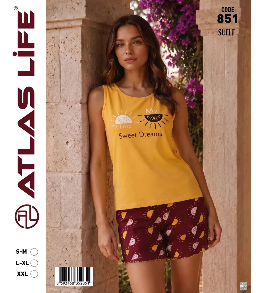 Toptan Atlas Life Süfle Baskılı Askılı Şortlu Pijama Takımı Sarı 'Sweet Dreams' Güneş Desenli Bordo Şort