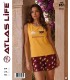 Toptan Atlas Life Süfle Baskılı Askılı Şortlu Pijama Takımı Sarı 'Sweet Dreams' Güneş Desenli Bordo Şort