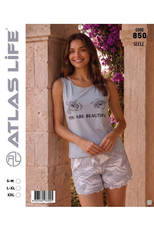Toptan Atlas Life Süfle Baskılı Askılı Şortlu Pijama Takımı Gri 'You Are Beautiful' Yaprak Desenli Şort