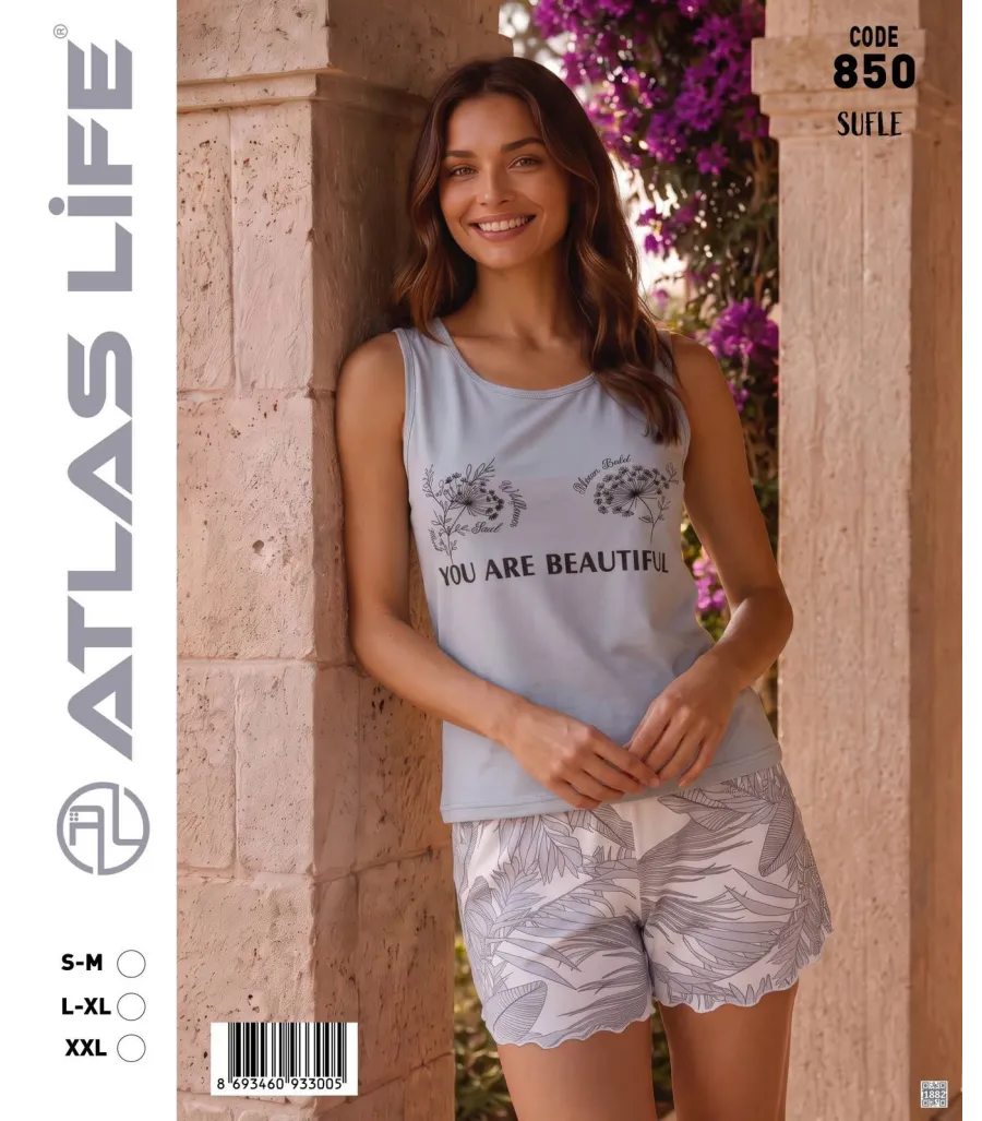 Toptan Atlas Life Süfle Baskılı Askılı Şortlu Pijama Takımı Gri 'You Are Beautiful' Yaprak Desenli Şort