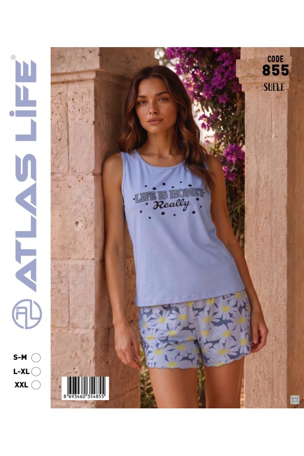 Toptan Atlas Life Süfle Baskılı Askılı Şortlu Pijama Takımı Lila 'Life is Honey' Baskılı Papatya Desenli Şort