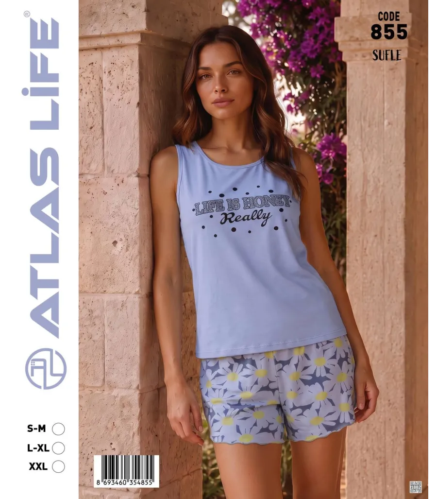 Toptan Atlas Life Süfle Baskılı Askılı Şortlu Pijama Takımı Lila 'Life is Honey' Baskılı Papatya Desenli Şort