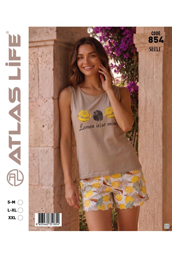 Toptan Atlas Life Süfle Baskılı Askılı Şortlu Pijama Takımı Kahve 'Lemon is so mine' Limon Desenli Şort