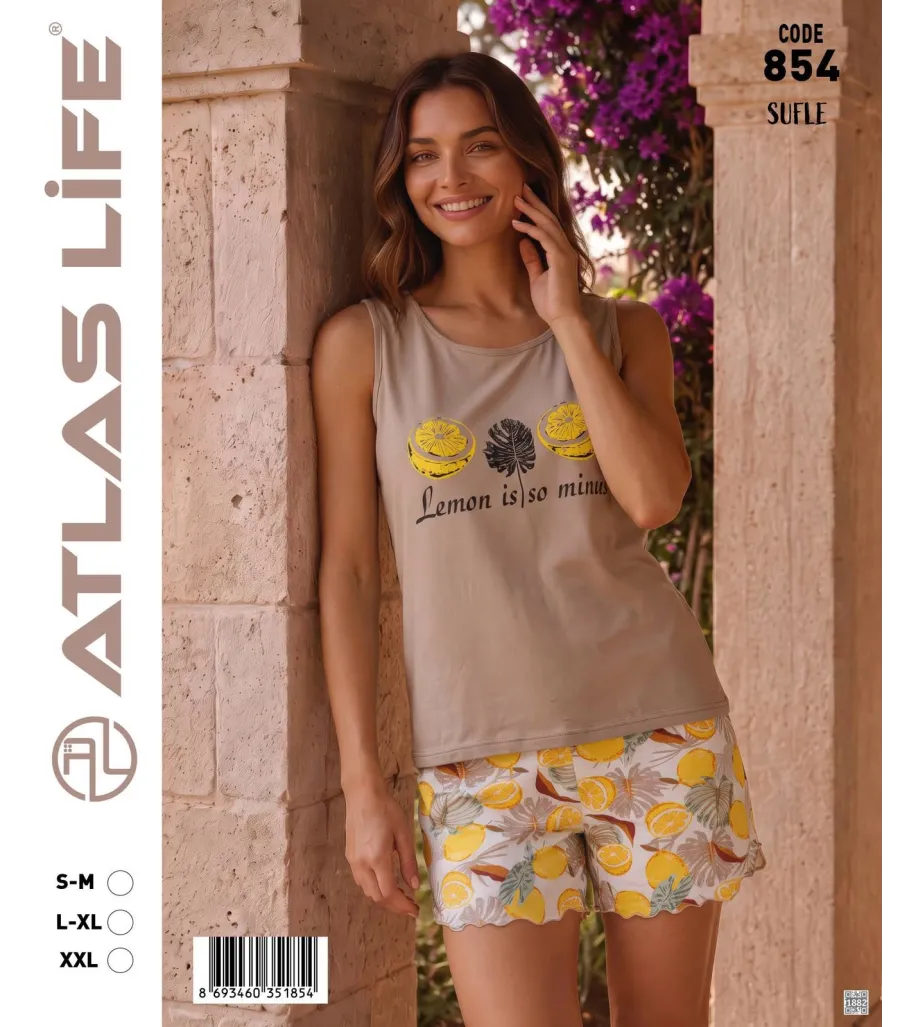 Toptan Atlas Life Süfle Baskılı Askılı Şortlu Pijama Takımı Kahve 'Lemon is so mine' Limon Desenli Şort