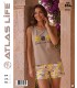 Toptan Atlas Life Süfle Baskılı Askılı Şortlu Pijama Takımı Kahve 'Lemon is so mine' Limon Desenli Şort