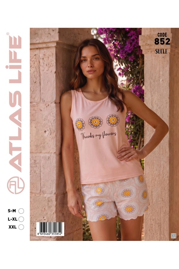 Toptan Atlas Life Süfle Baskılı Askılı Şortlu Pijama Takımı Pudra 'Thanks My Flower' Çiçek Desenli Şort