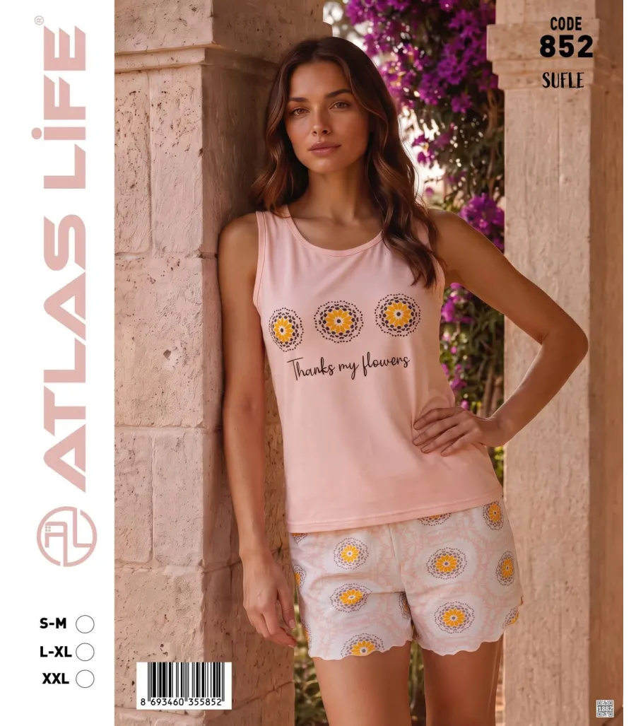 Toptan Atlas Life Süfle Baskılı Askılı Şortlu Pijama Takımı Pudra 'Thanks My Flower' Çiçek Desenli Şort
