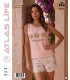 Toptan Atlas Life Süfle Baskılı Askılı Şortlu Pijama Takımı Pudra 'Thanks My Flower' Çiçek Desenli Şort