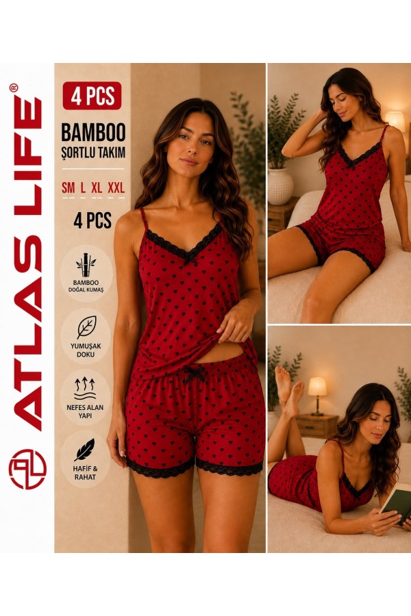 Toptan Atlas Life Bamboo Şortlu Takım Lacivert Kalp Desenli