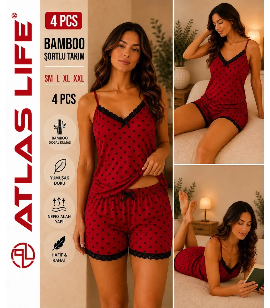 Toptan Atlas Life Bamboo Şortlu Takım Lacivert Kalp Desenli