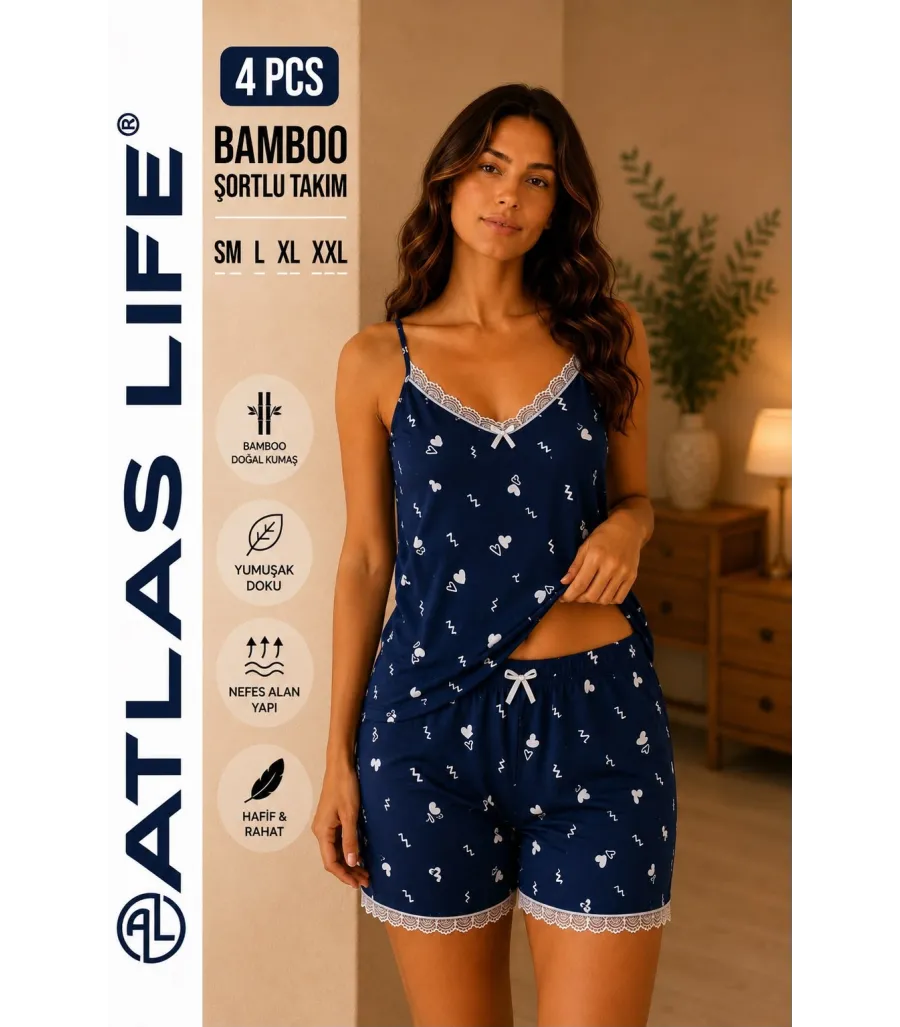 Toptan Atlas Life Bamboo Şortlu Takım Lacivert Yıldız Desenli