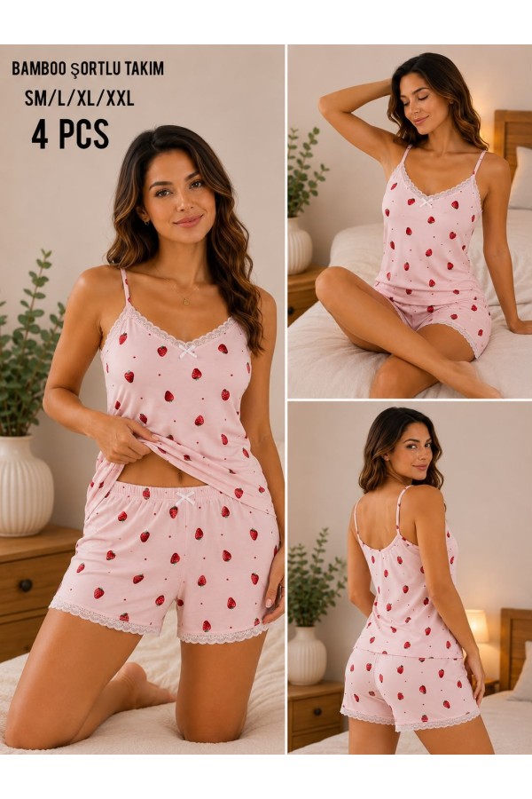 Toptan Atlas Life Bamboo Şortlu Takım Pembe Kalp Desenli