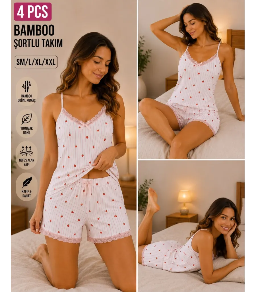 Toptan Atlas Life Bamboo Şortlu Takım Beyaz Kalp Desenli