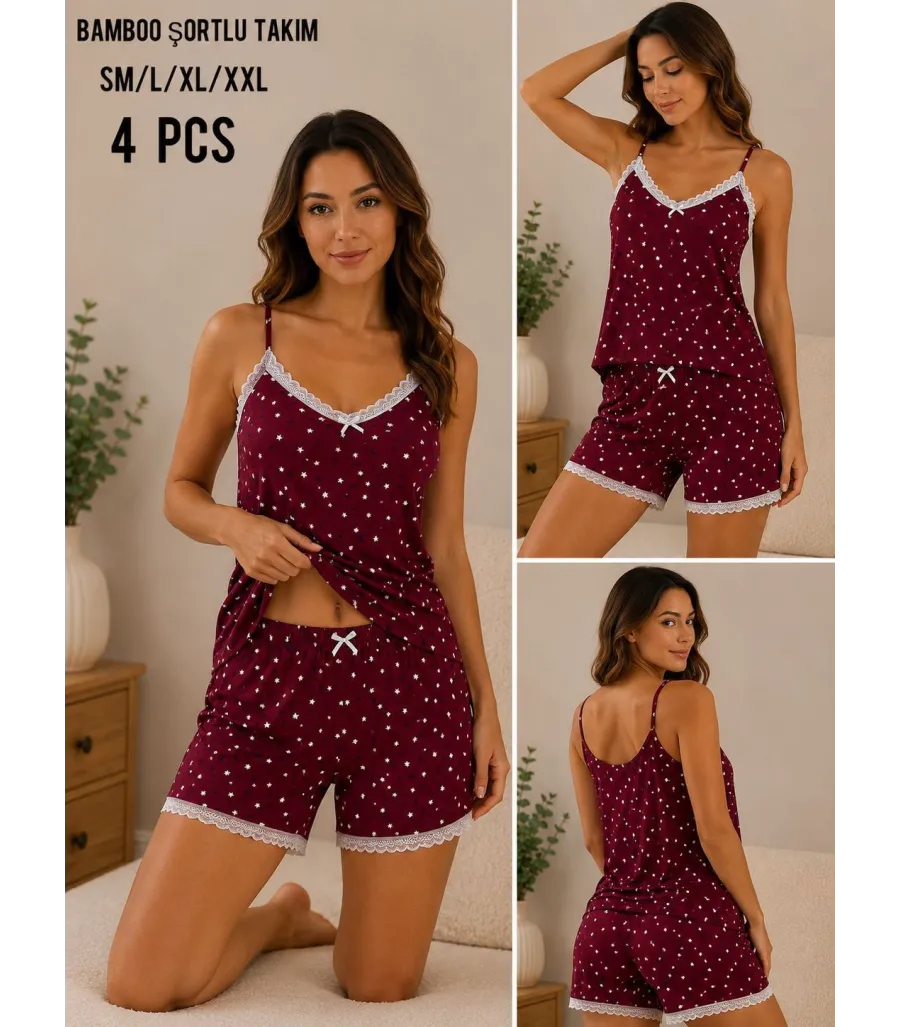 Toptan Atlas Life Bamboo Şortlu Takım Bordo Puantiyeli (Ton 2)