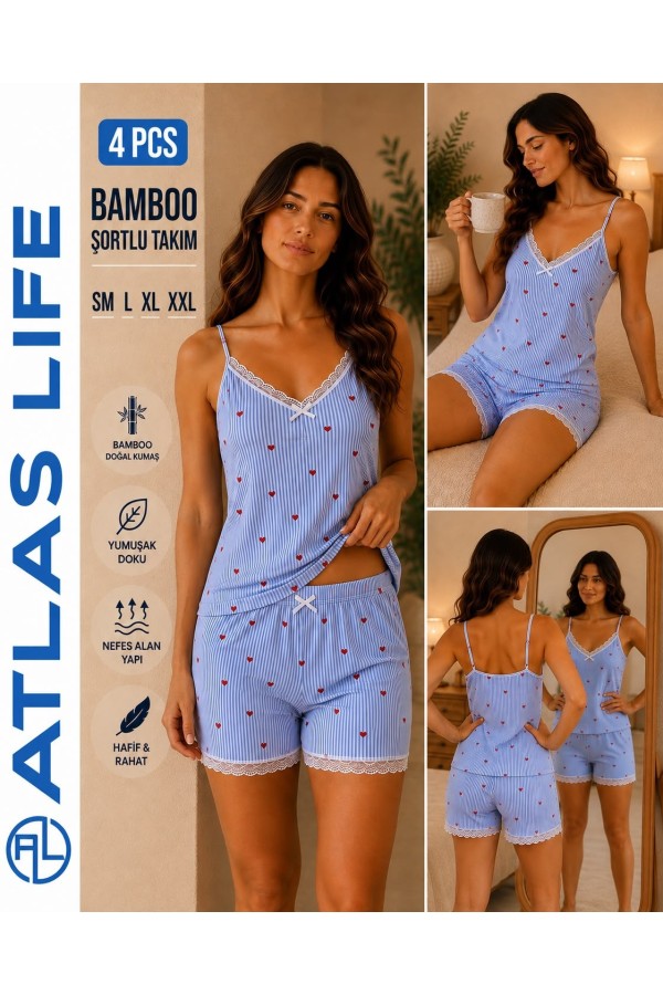Toptan Atlas Life Bamboo Şortlu Takım Mavi Puantiyeli