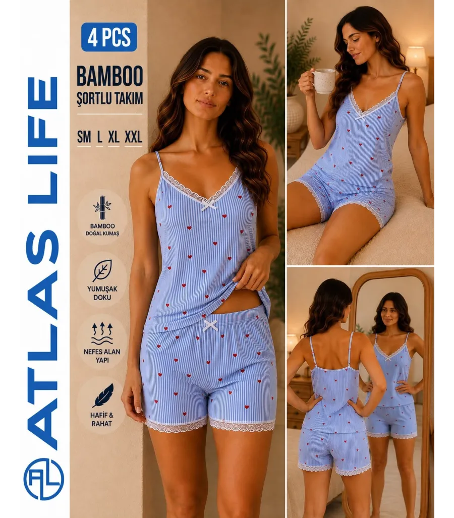 Toptan Atlas Life Bamboo Şortlu Takım Mavi Puantiyeli