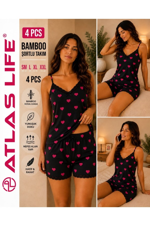 Toptan Atlas Life Bamboo Şortlu Takım Siyah Kalp Desenli