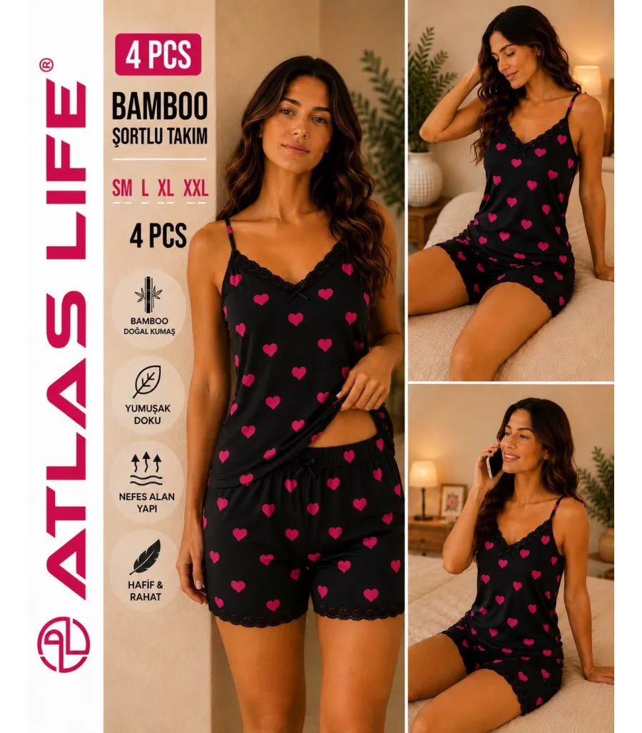 Toptan Atlas Life Bamboo Şortlu Takım Siyah Kalp Desenli