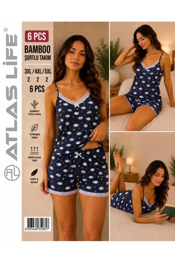 Toptan Atlas Life Bamboo Şortlu Takım Büyük Beden Lacivert Bulut Desenli