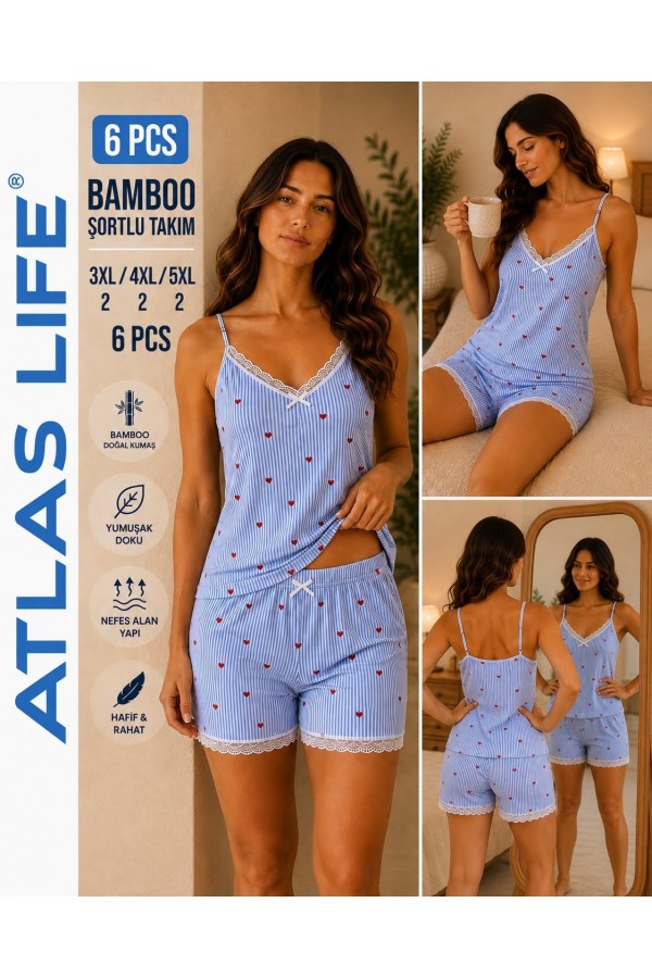 Toptan Atlas Life Bamboo Şortlu Takım Büyük Beden Mavi Çizgili Puantiyeli
