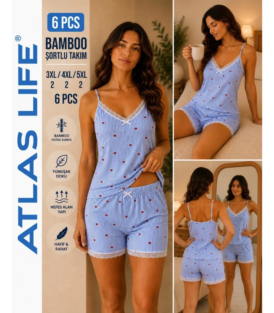 Toptan Atlas Life Bamboo Şortlu Takım Büyük Beden Mavi Çizgili Puantiyeli