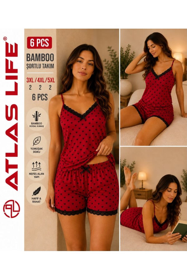 Toptan Atlas Life Bamboo Şortlu Takım Büyük Beden Bordo Puantiyeli