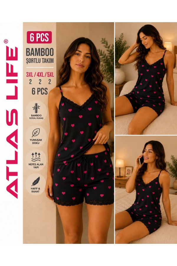 Toptan Atlas Life Bamboo Şortlu Takım Büyük Beden Siyah Kalp Desenli