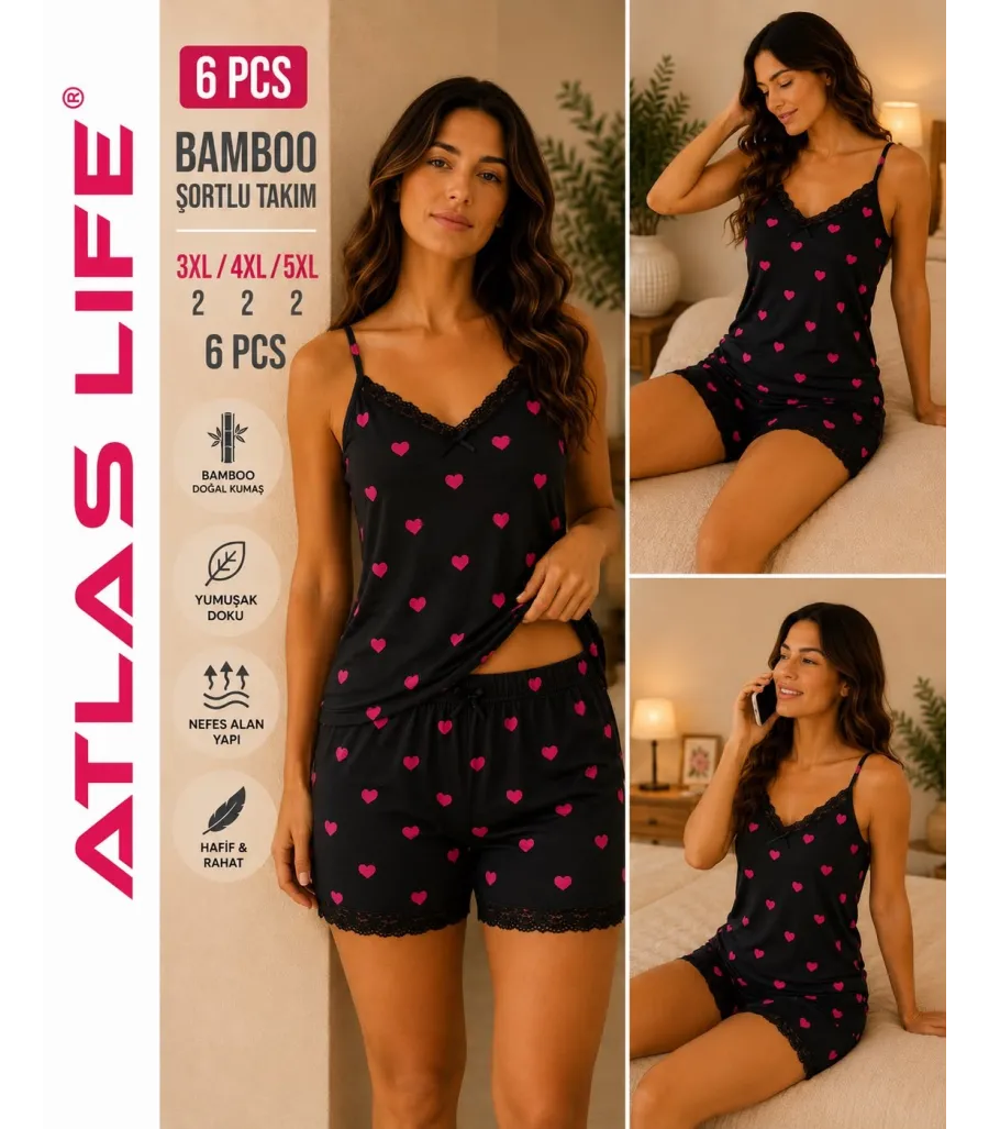 Toptan Atlas Life Bamboo Şortlu Takım Büyük Beden Siyah Kalp Desenli