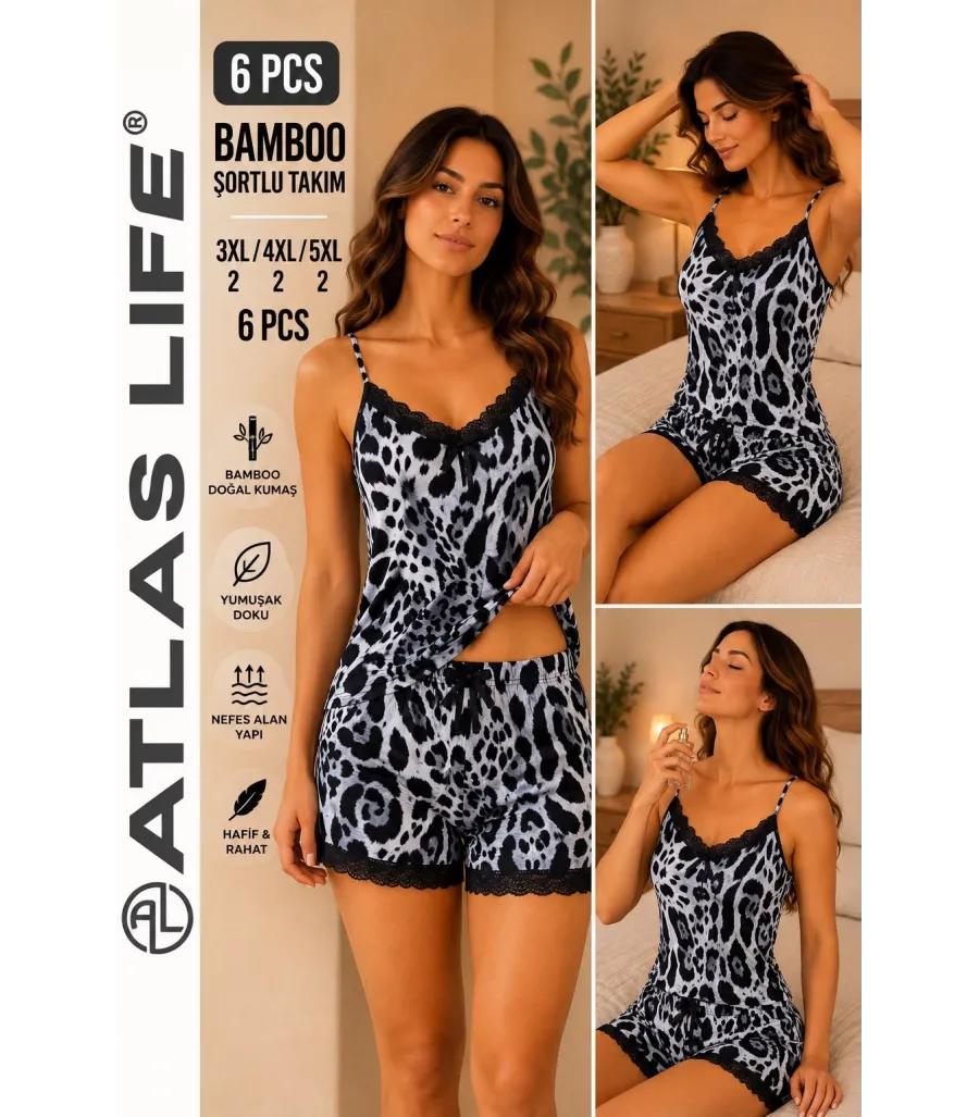 Toptan Atlas Life Bamboo Şortlu Takım Büyük Beden Siyah Leopar Batik Desenli