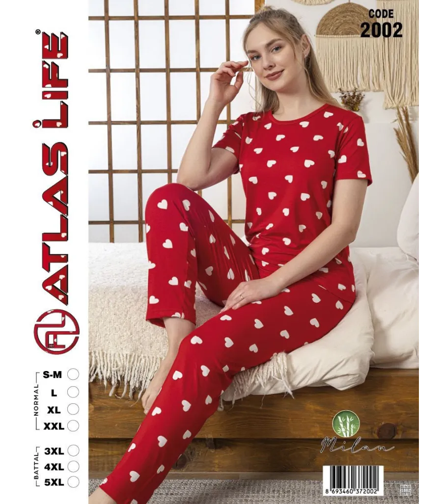 Toptan Atlas Life Kısa Kollu Uzun Pantolonlu Pijama Takımı Kırmızı Kalp Desenli Normal
