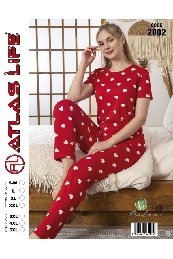 Toptan Atlas Life Kısa Kollu Uzun Pantolonlu Pijama Takımı Kırmızı Kalp Desenli Battal